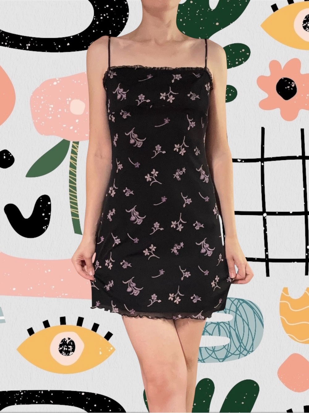 Finesse | Vintage 90s/Y2K Floral Embroidered Micro Mesh Mini Dress